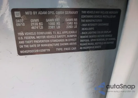 2011 Buick Regal Cxl Russelsheim from USA, damaged, VIN W04GR5EC2B1039779